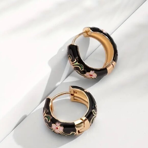 Final Price NEW Chic Vintage-Inspired Copper Hoop Earrings w/Colorful Pattern - Picture 2 of 2